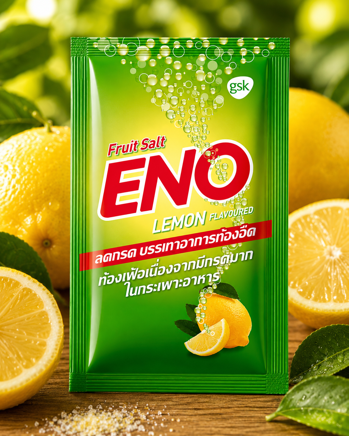 ENO lemon-flavored fruit salt packet with lemons in the background