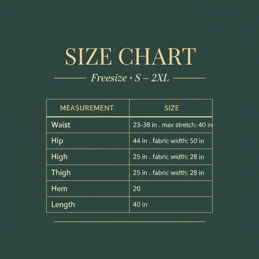 Size chart for 'Freesize' clothing with a model wearing a white top and pink patterned pants.