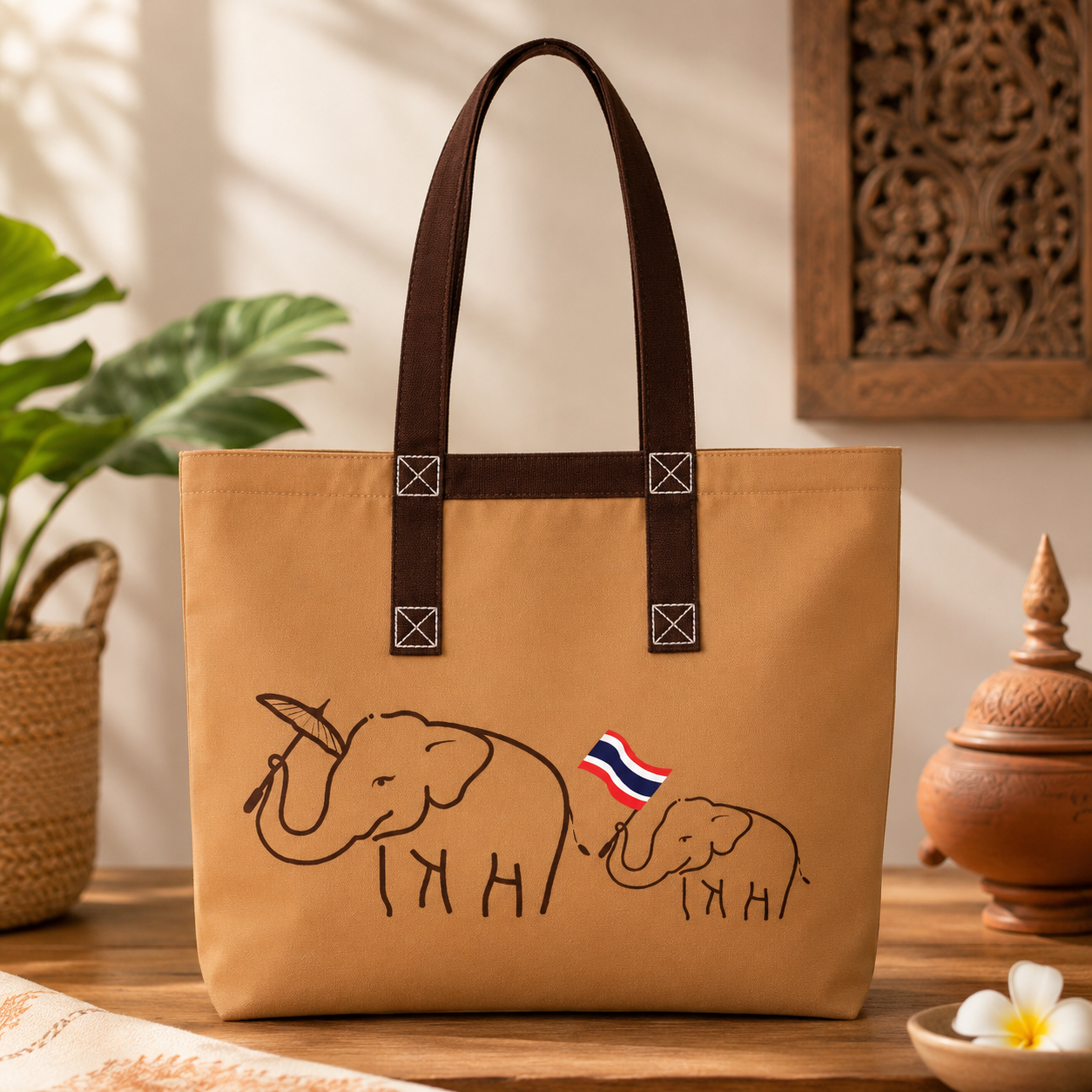 Brown tote bag with elephant design on a wooden surface