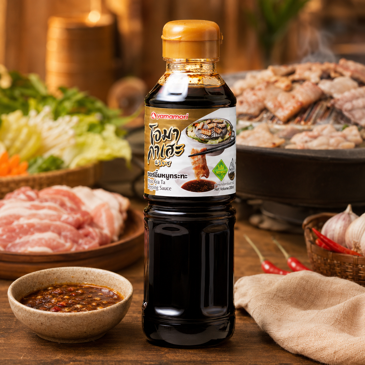 Bottle of Amano-mori Tonkotsu sauce on a wooden table with ingredients in the background