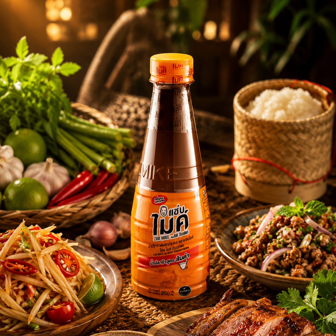 Bottle of Tua sauce surrounded by Thai food ingredients and dishes on a wooden table.