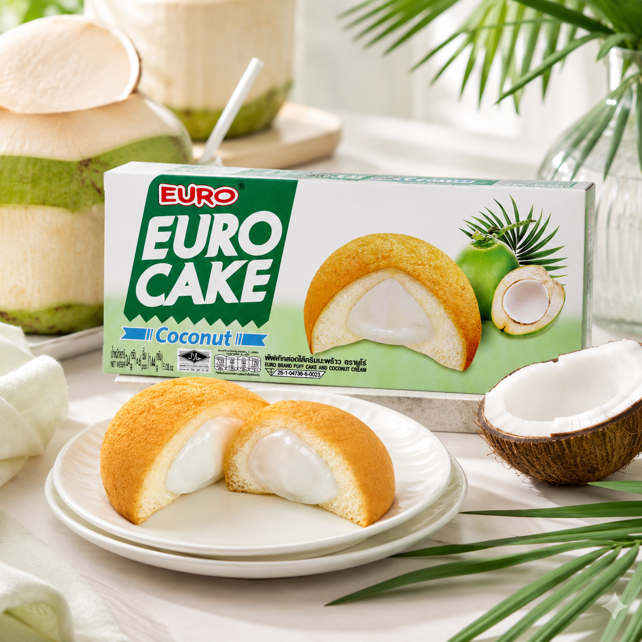 Euro Cake coconut flavor packaging with a slice of cake on a plate, surrounded by coconuts and green leaves.