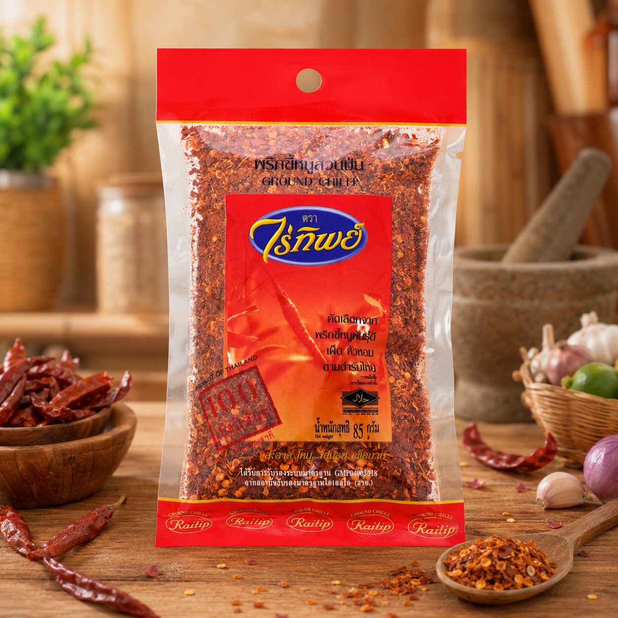 Packaged ground chili with brand logo on a wooden surface with spices in the background