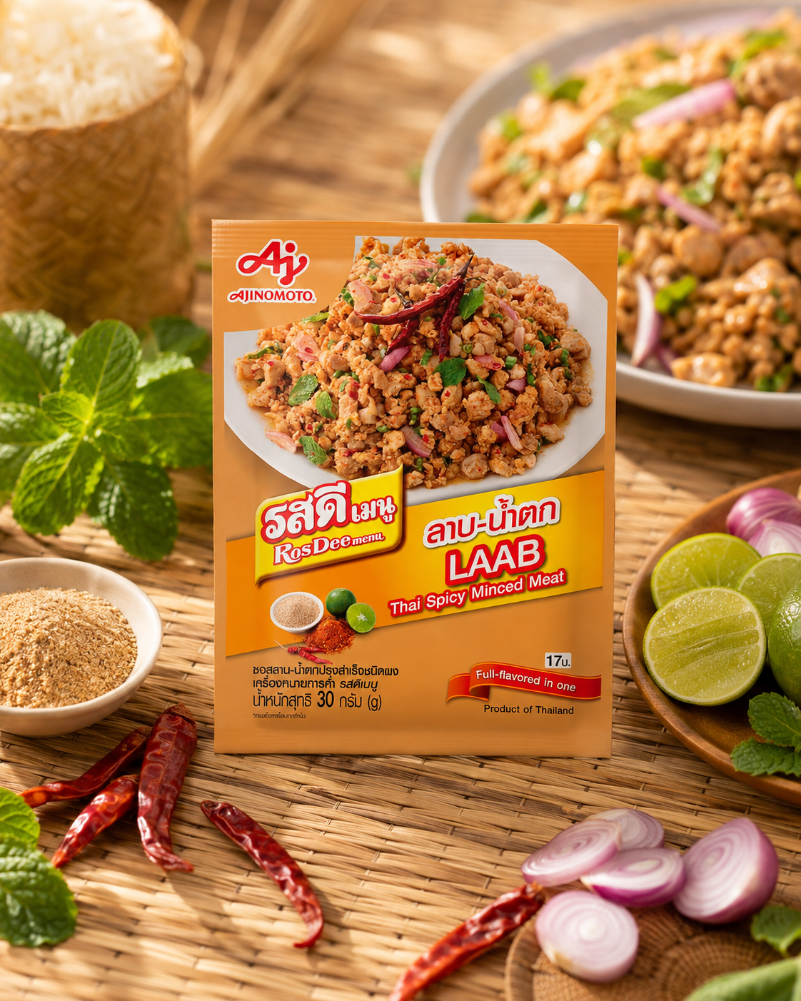 A package of Ajinomoto Laab Thai Spicy Minced Meat seasoning mix stands on a woven bamboo mat, surrounded by ingredients like sliced red onions, lime wedges, dried red chilies, mint leaves, and a bowl of rice.