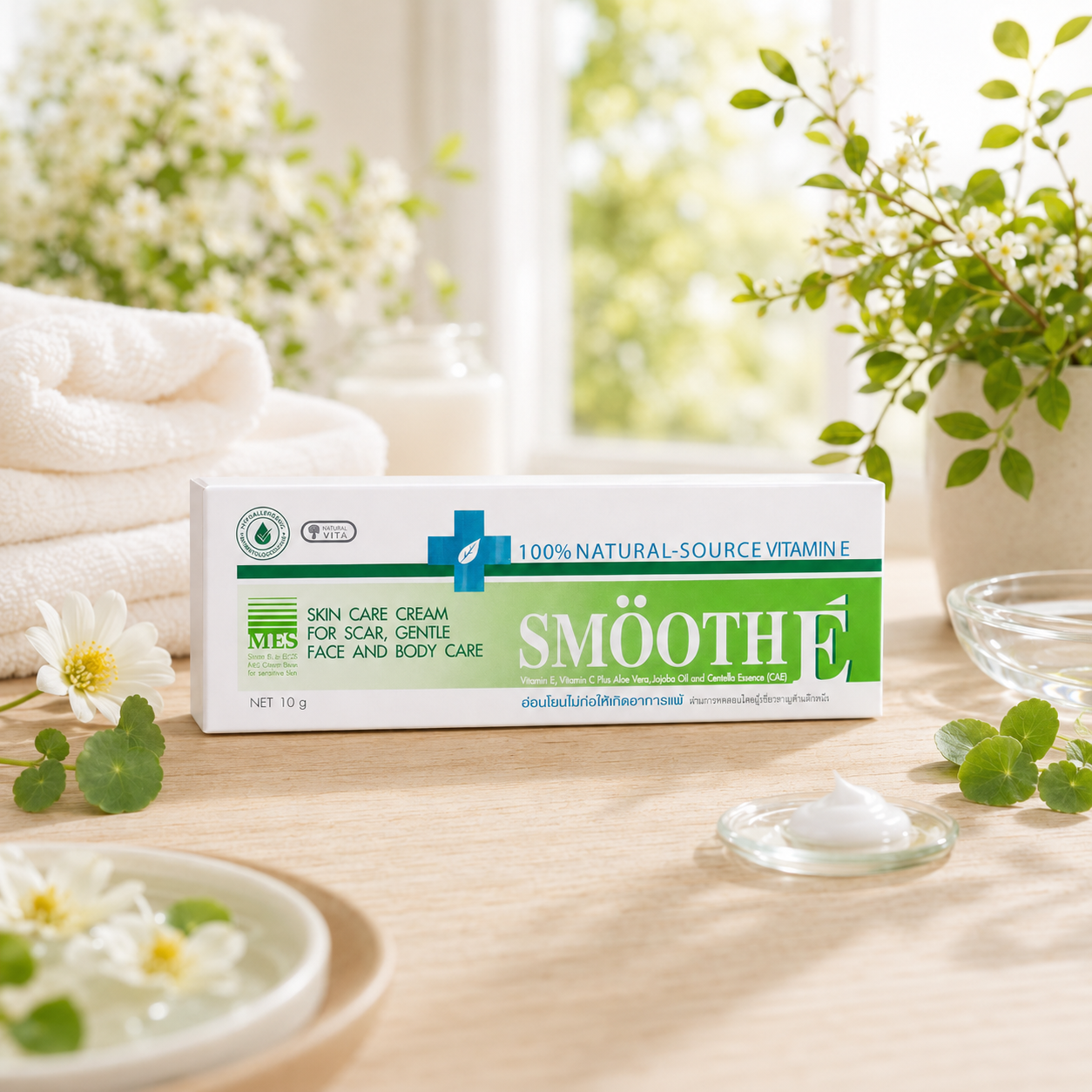 SMØOTH® skin care cream packaging on a wooden surface with flowers and towels in the background