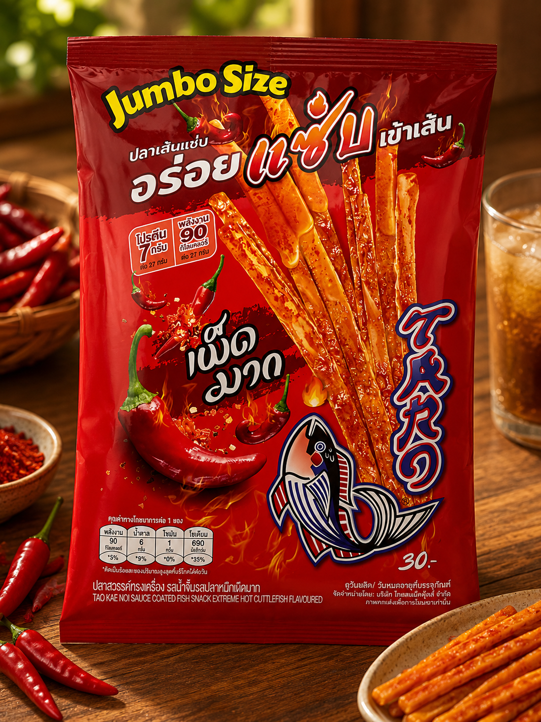 Red packet of Jumbo Size spicy snack sticks on a wooden table with chilies and a glass of iced tea.