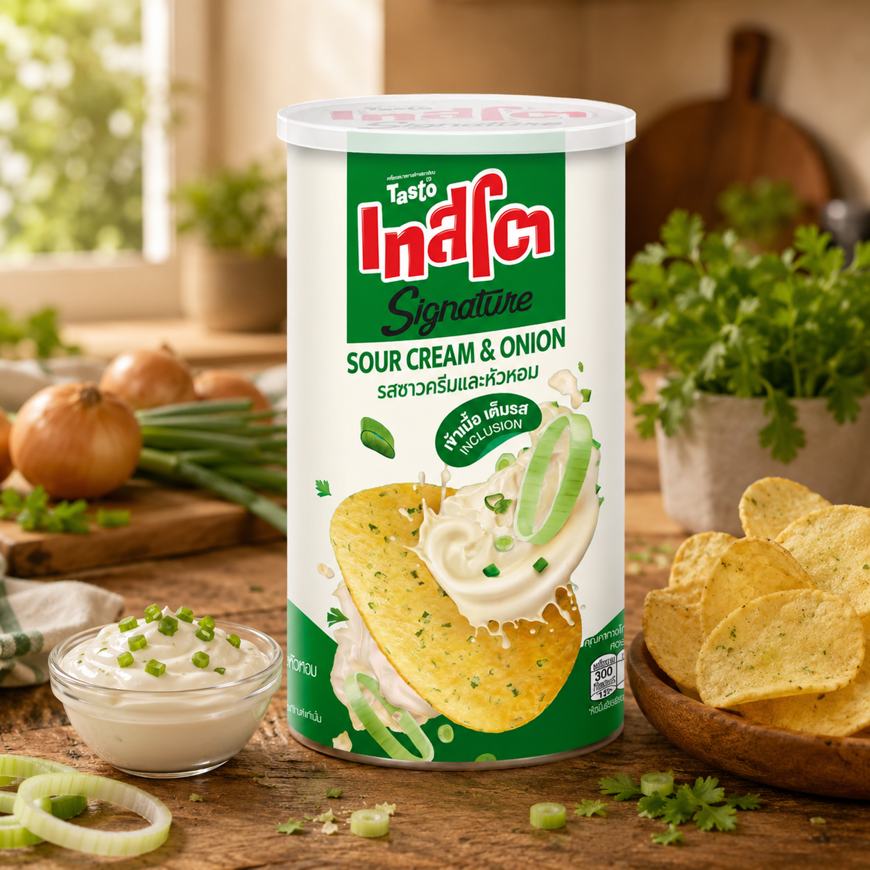 Taste Signature Sour Cream & Onion flavored potato chips can on a wooden table with chips and ingredients.