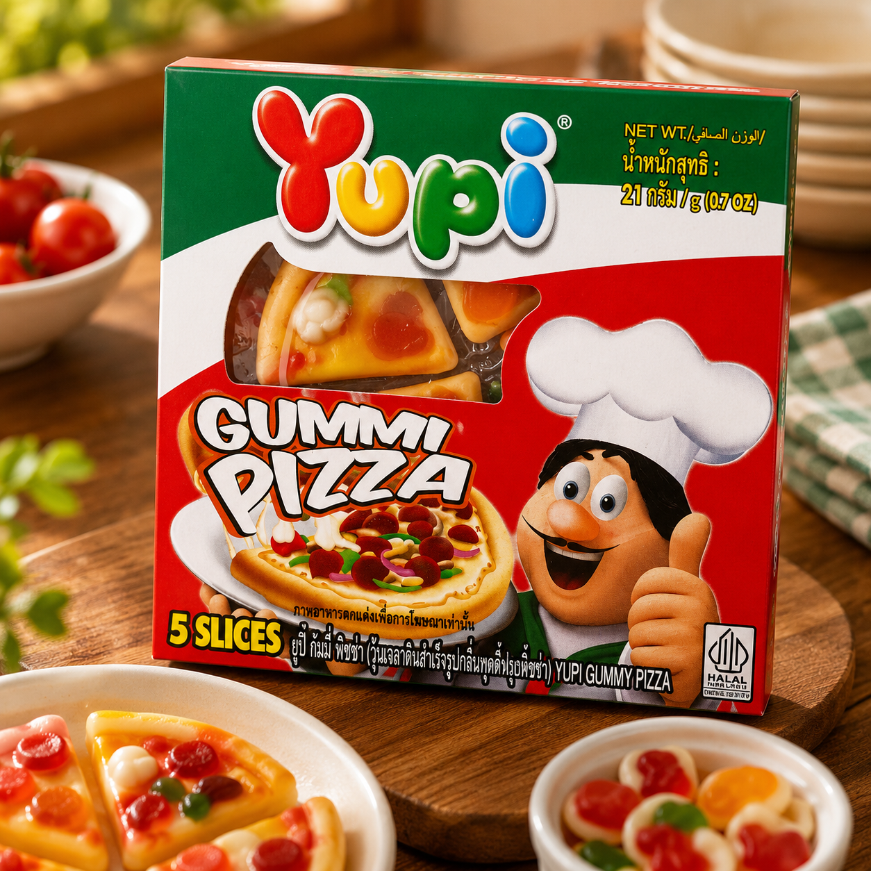 Yupi gummy pizza packaging on a wooden table with pizzas and ingredients.