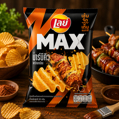 Lay's Max Ridged Potato Chips BBQ Prik Zab Zeed Flavor 69g | เลย์แมกซ์ มันฝรั่งแท้ทอดกรอบแผ่นหยัก รสบาร์บีคิวพริกพ่นไฟ
