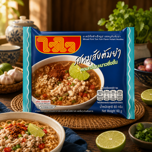 Wai Wai Minced Pork Tom Yum Flavor Instant Noodles 60g x 5 Pack | ไวไว บะหมี่กึ่งสำเร็จรูป รสหมูสับต้มยำ 60 ก. แพ็ค 5