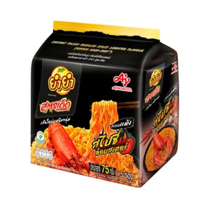 Packaged noodles with branding and spicy graphics on a white background