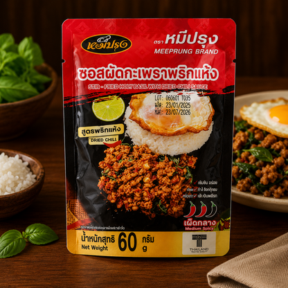 Meeprung Stir-Fried Holy Basil Dried Chili Sauce 60g | หมีปรุง ซอสผัดกะเพราพริกแห้ง เผ็ดกลาง