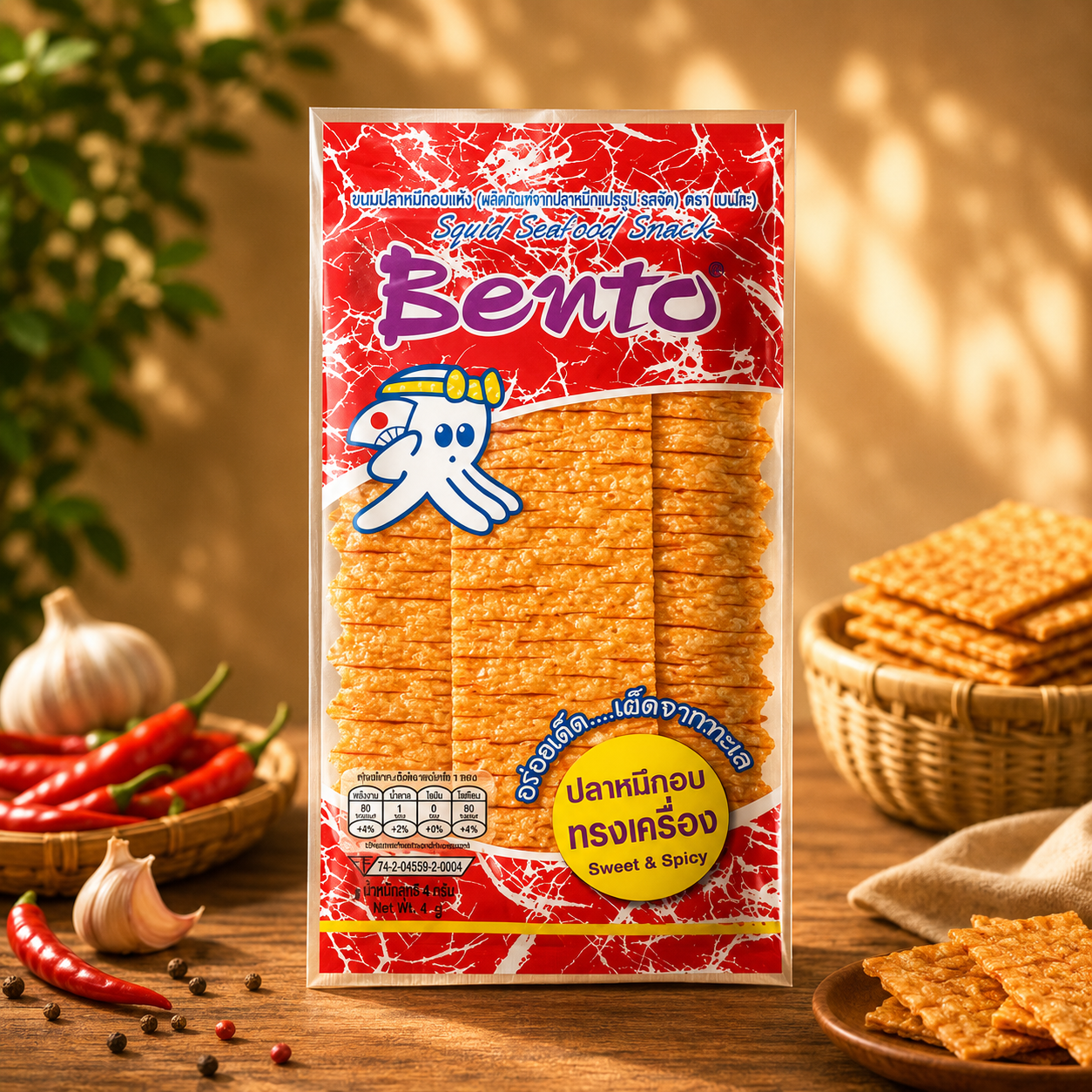 Bento Seasoned Baked Squid Sweet and Spicy 4g x 12 Pack | เบนโตะ ปลาหมึกอบทรงเครื่อง 4 ก. x 12 ชิ้น
