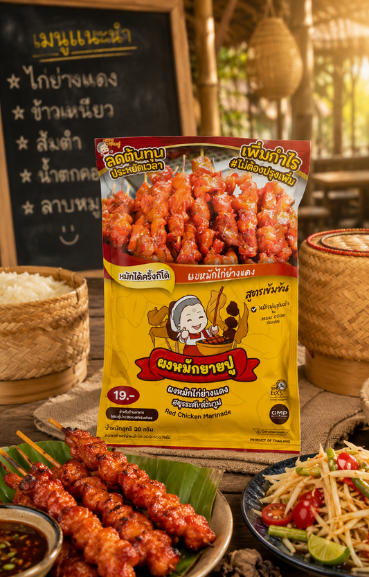 Yai Pu Red Chicken Marinade packet displayed with grilled chicken skewers and Thai dishes