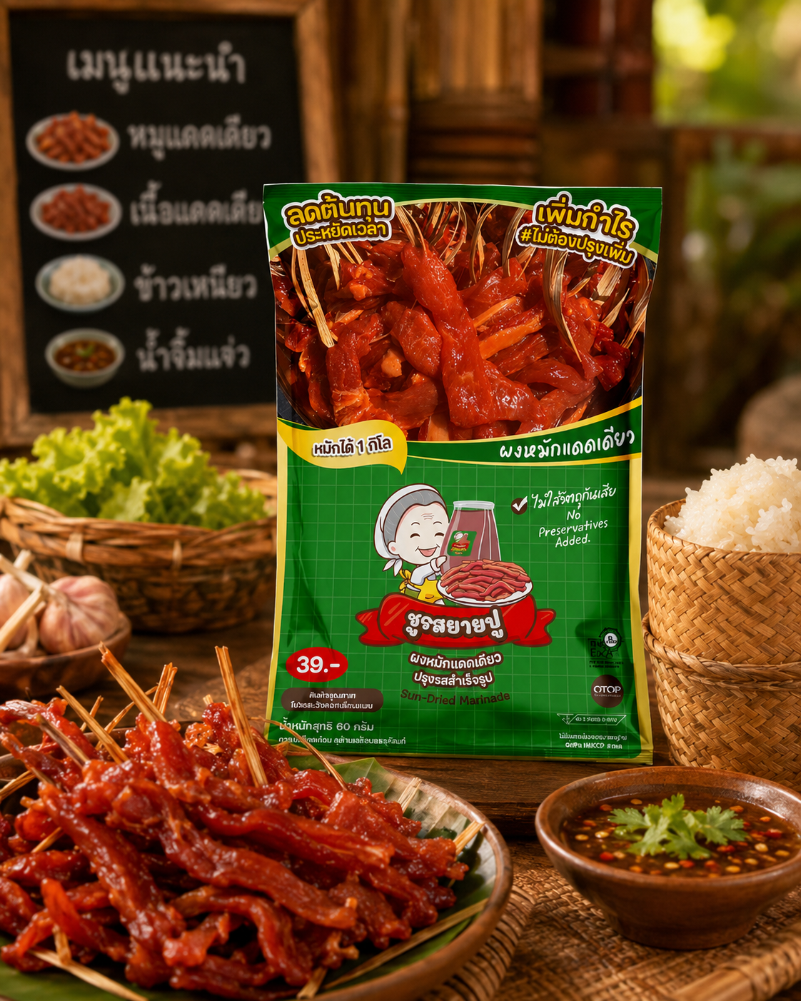 Yai Pu Sun-Dried Marinade packet displayed with sun-dried meat skewers and dipping sauce