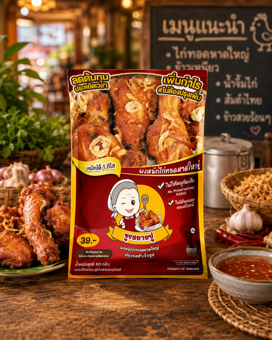 Yai Pu Hat Yai Fried Chicken Marinade packet displayed with crispy fried chicken and dipping sauce