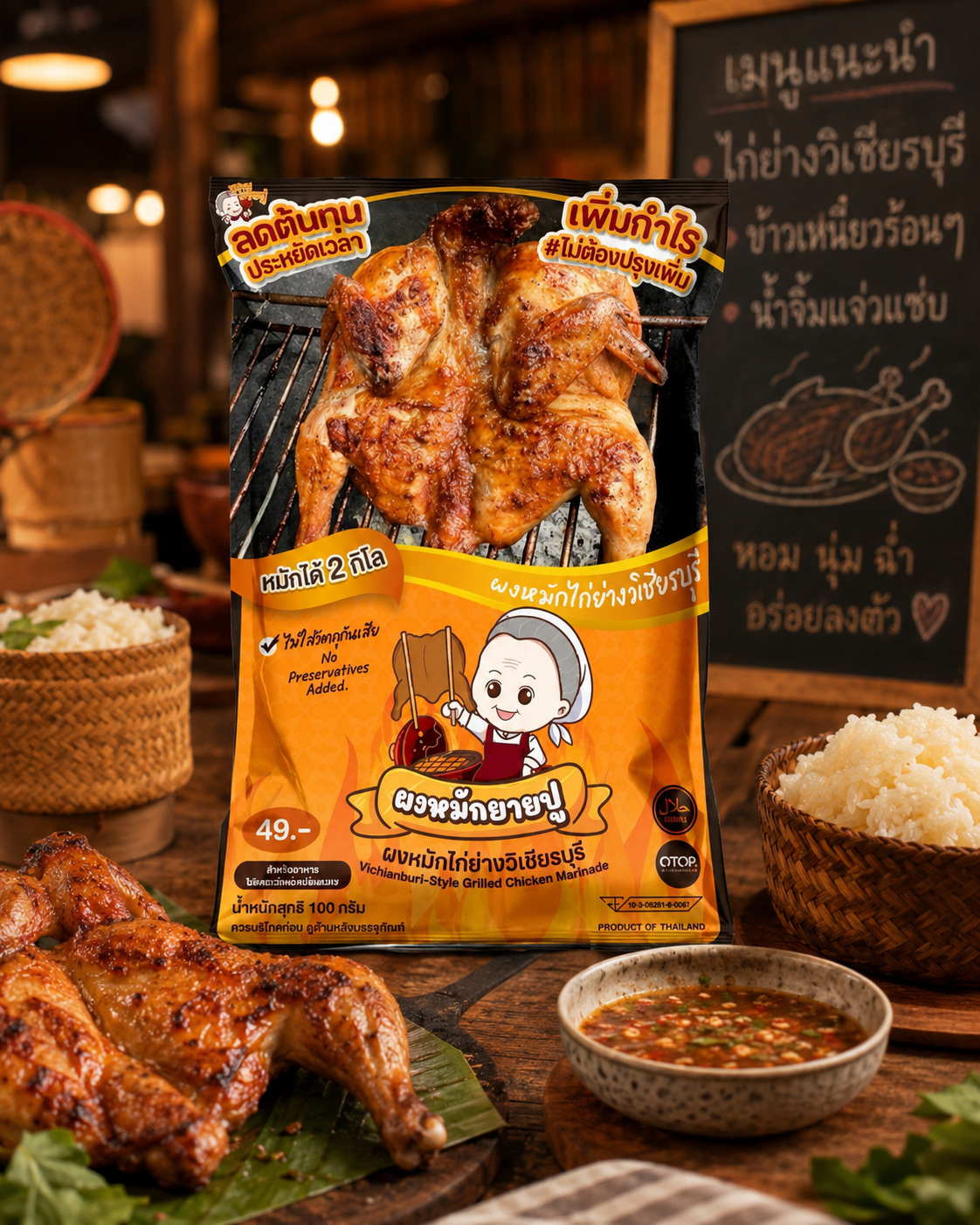 Yai Pu Vichianburi-Style Grilled Chicken Marinade 100g packet with whole grilled chicken and dipping sauce