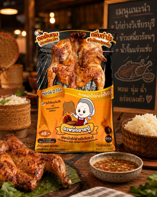 Yai Pu Vichianburi-Style Grilled Chicken Marinade 100g packet with whole grilled chicken and dipping sauce