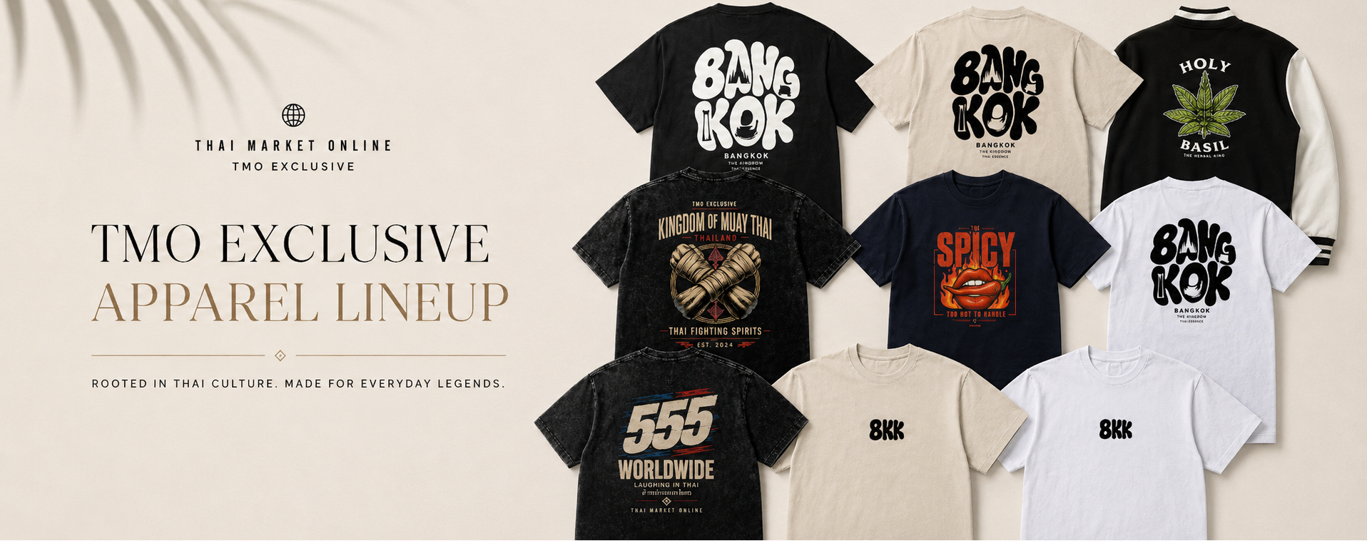 A promotional collage showing multiple apparel T-shirts in black, white, and beige laid out on a light beige background. Visible designs include repeated 'Bangkok' graphics, a green leaf graphic, a skull-and-crossbones with 'Thailand', a fiery orange graphic, '555 Worldwide', and '816'.