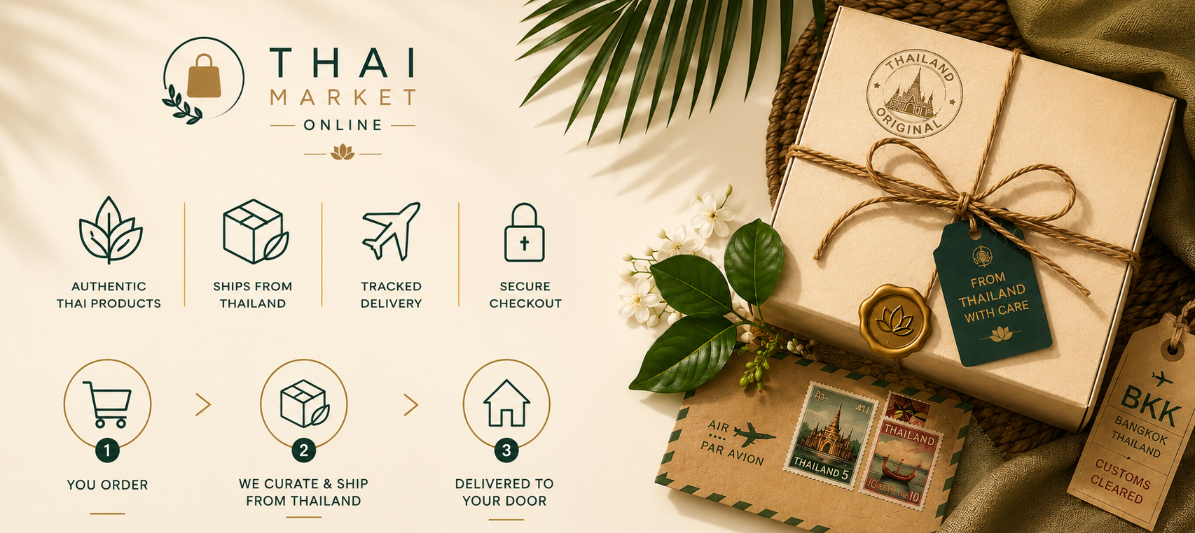 A styled promotional graphic for Thai Market Online showing a wrapped gift box with a brown paper bag, twine, a blue hangtag, and postage-style cards, alongside icons and text describing authentic Thai products, tracked delivery, secure checkout, and door delivery.