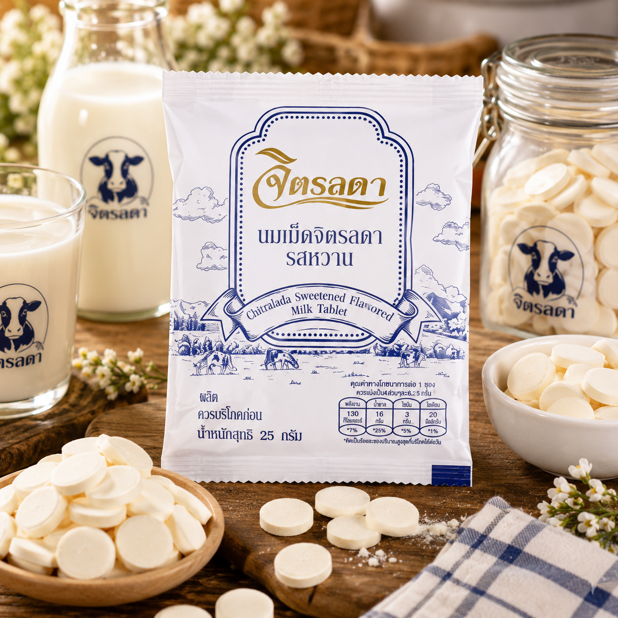 Chitralada sweetened flavored milk tablet packaging with milk and cookies on a wooden table.
