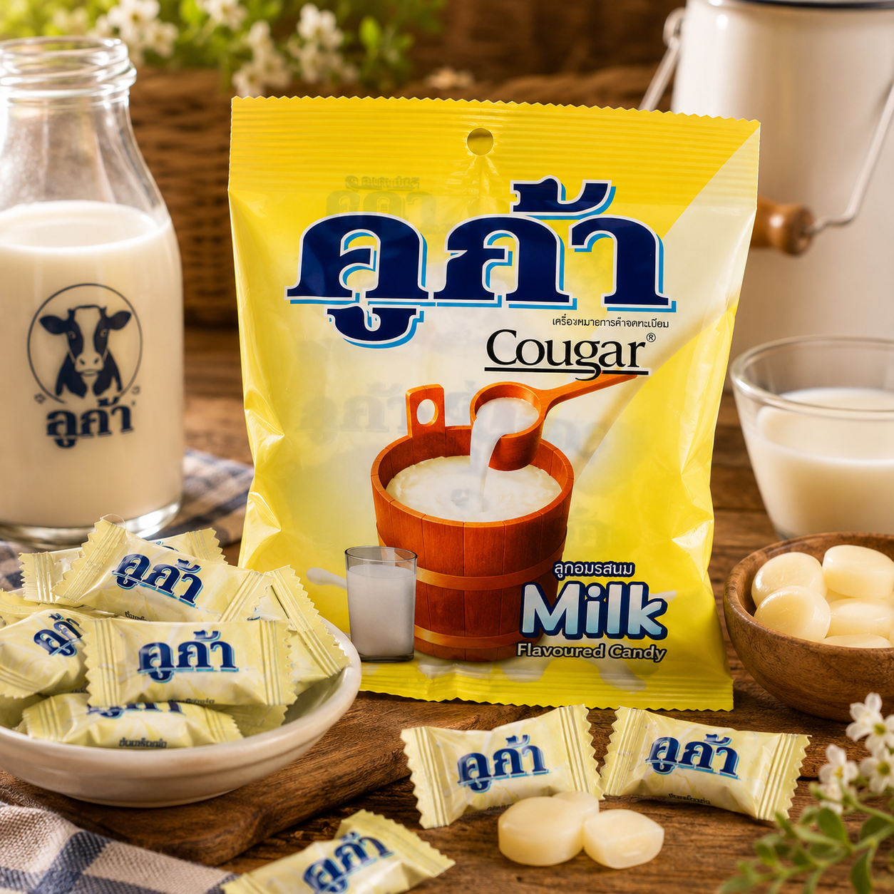 Cougar milk-flavored candy package with candies and a glass of milk on a wooden table.