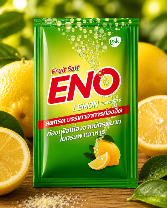 ENO lemon-flavored fruit salt packet with lemons in the background