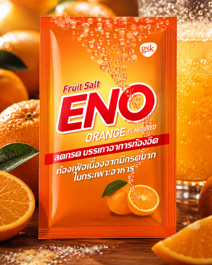 ENO Fruit Salt packet with orange flavor surrounded by oranges