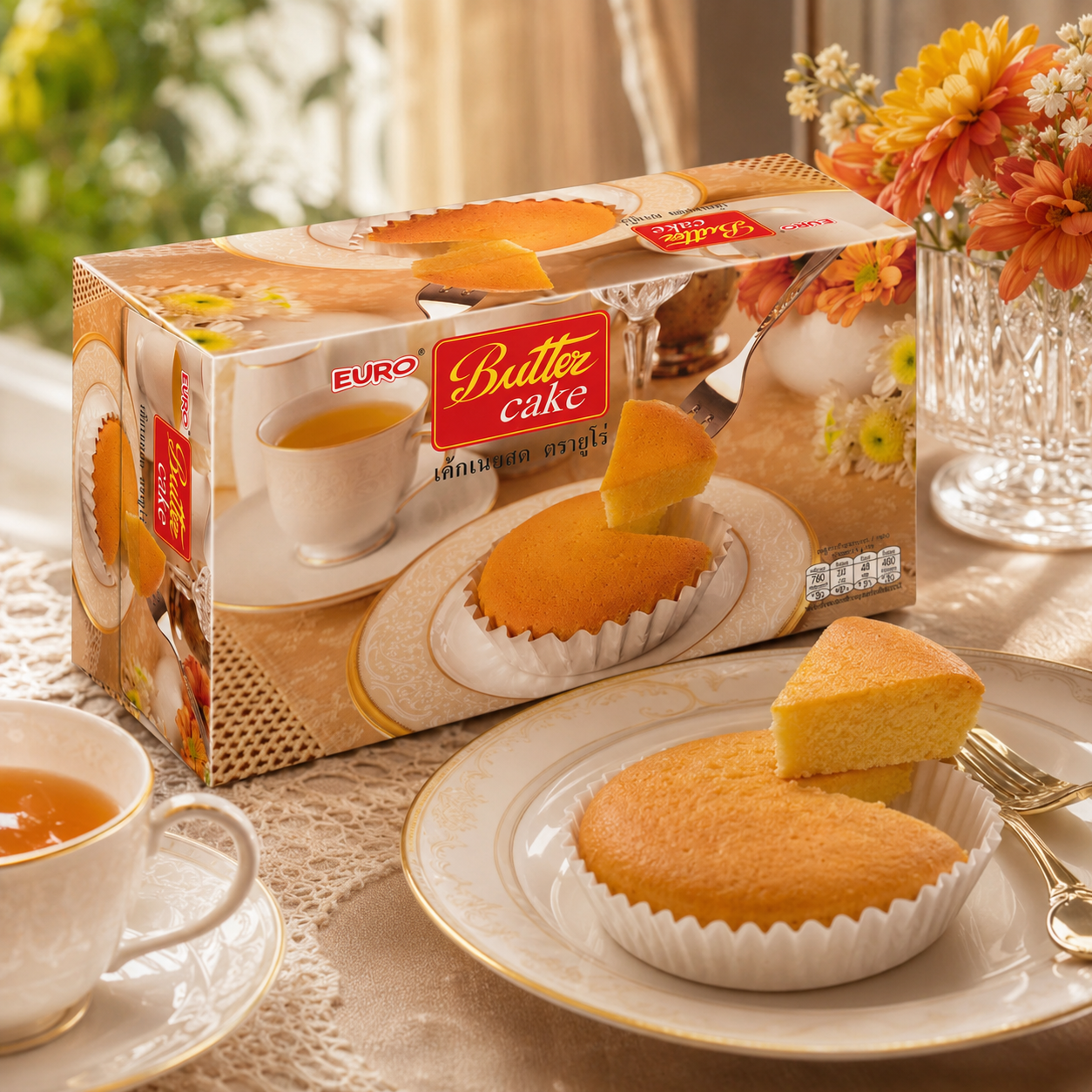 Butter cake packaging with a slice of cake on a plate, cup of tea, and flowers in the background.