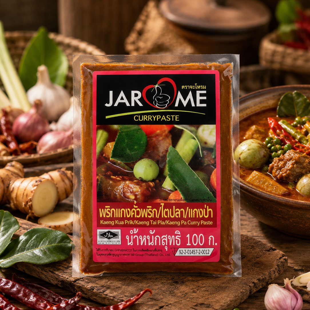 Jarome curry paste package with ingredients and a dish in the background