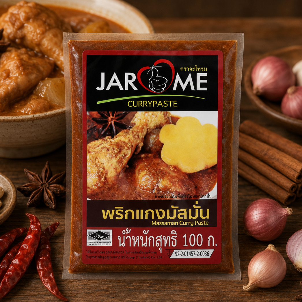 Jarome curry paste package with a bowl of curry and ingredients on a wooden table