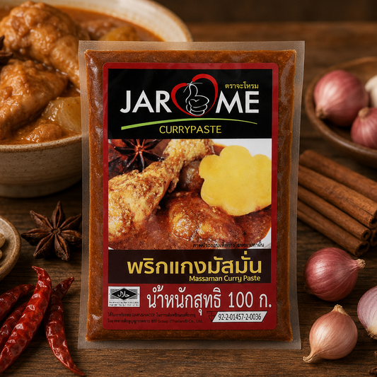Jarome curry paste package with a bowl of curry and ingredients on a wooden table