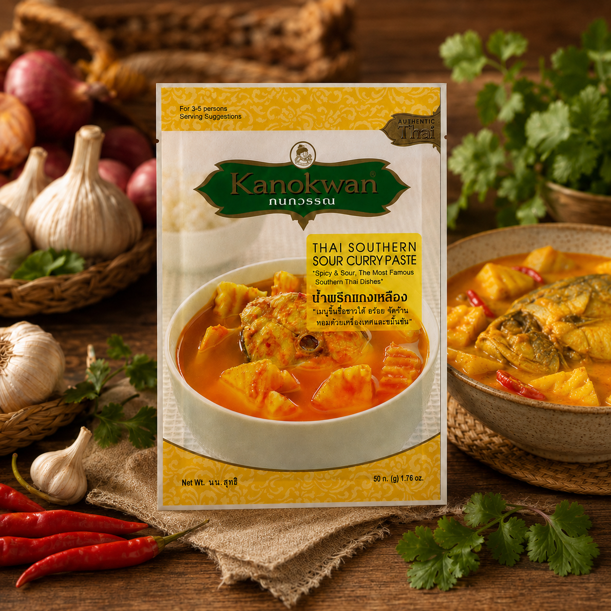 Kanokwan Thai Southern Sour Curry Paste packaging with a bowl of curry in the background.
