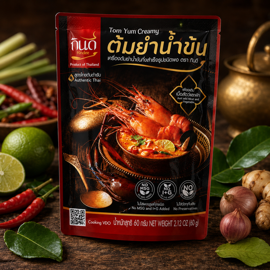 Tom Yum Creamy soup package with Thai ingredients on a wooden background