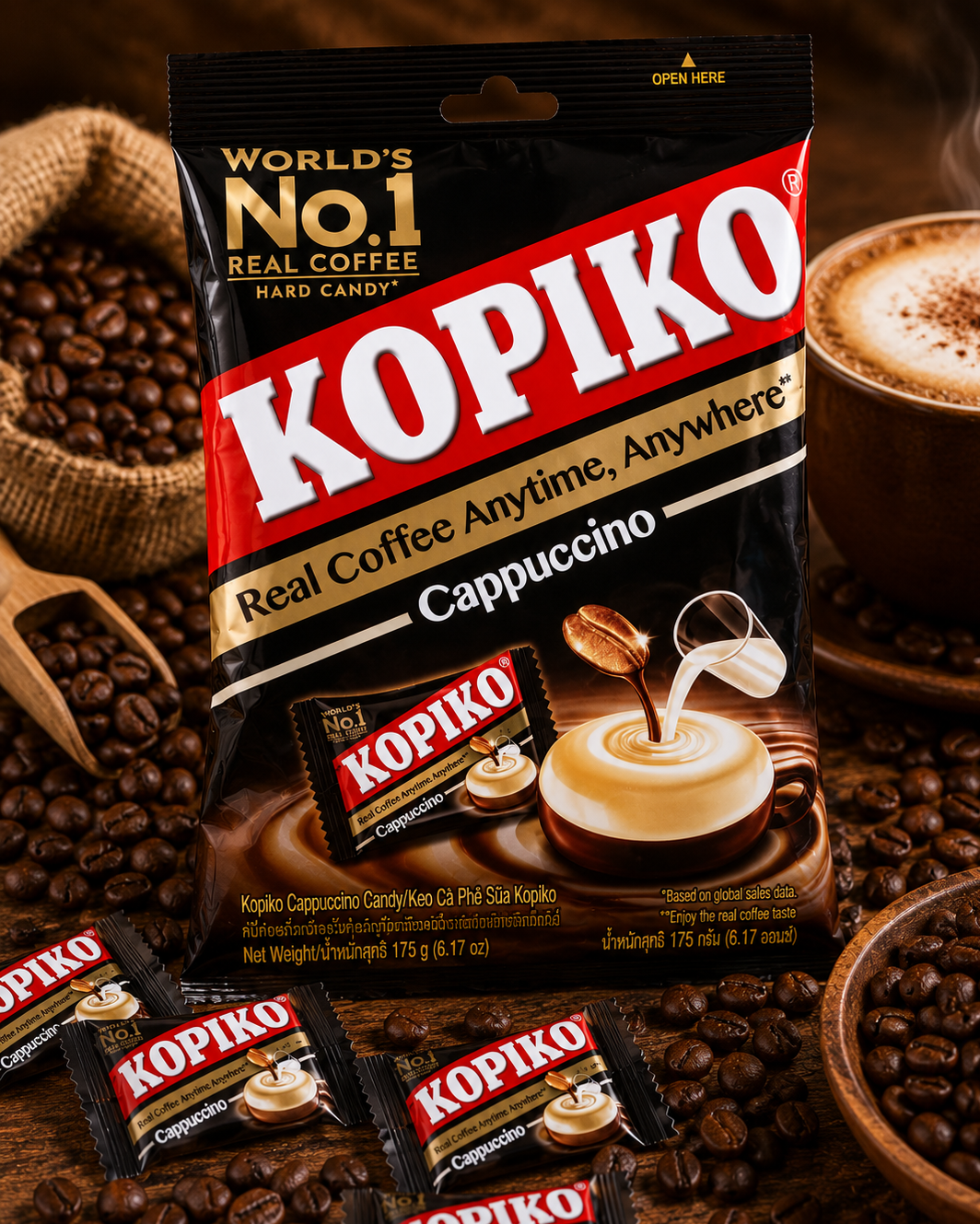 Kopiko Cappuccino candy package with coffee beans and a cup of coffee in the background
