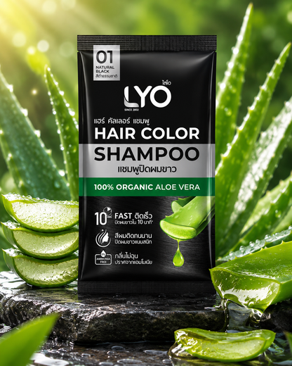 LYO hair color shampoo package with aloe vera leaves in the background