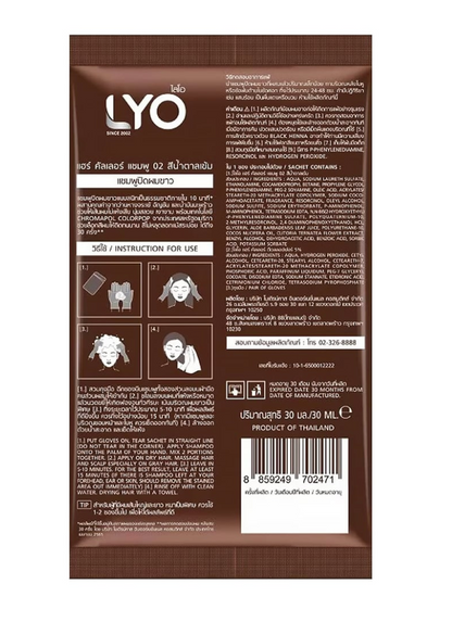Back view of a brown LYO product packaging with text and instructions.