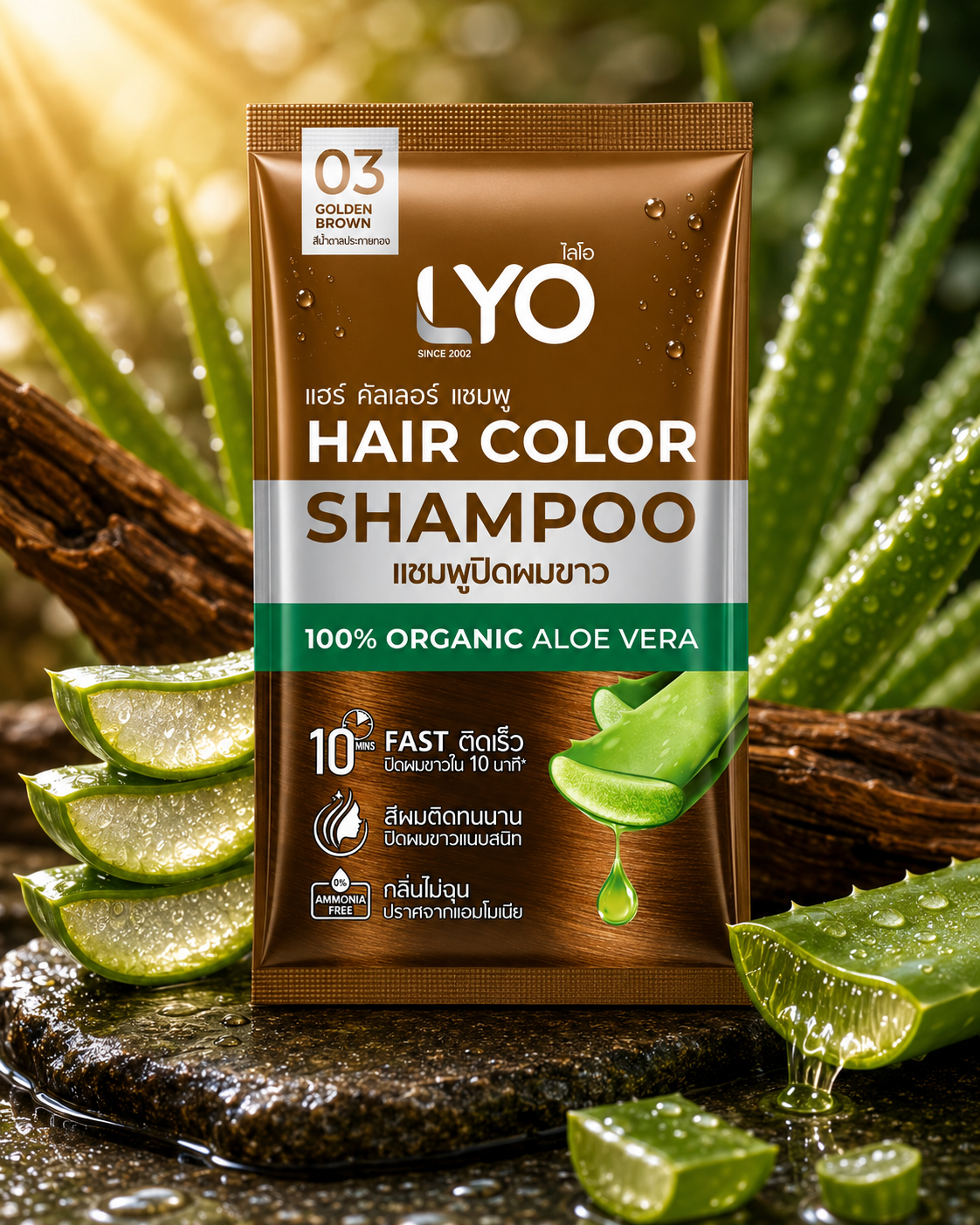 LYO hair color shampoo package with aloe vera ingredients on a natural background