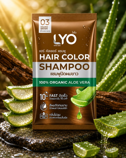 LYO hair color shampoo package with aloe vera ingredients on a natural background