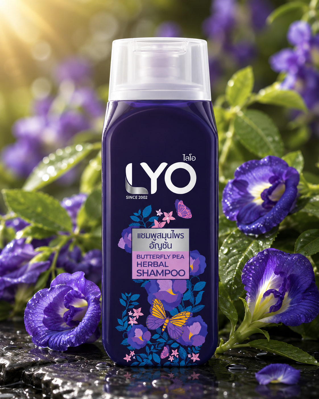 LYO shampoo bottle with butterfly pea flowers in the background