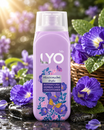 LYO butterfly pea herbal hair conditioner bottle with purple flowers in the background