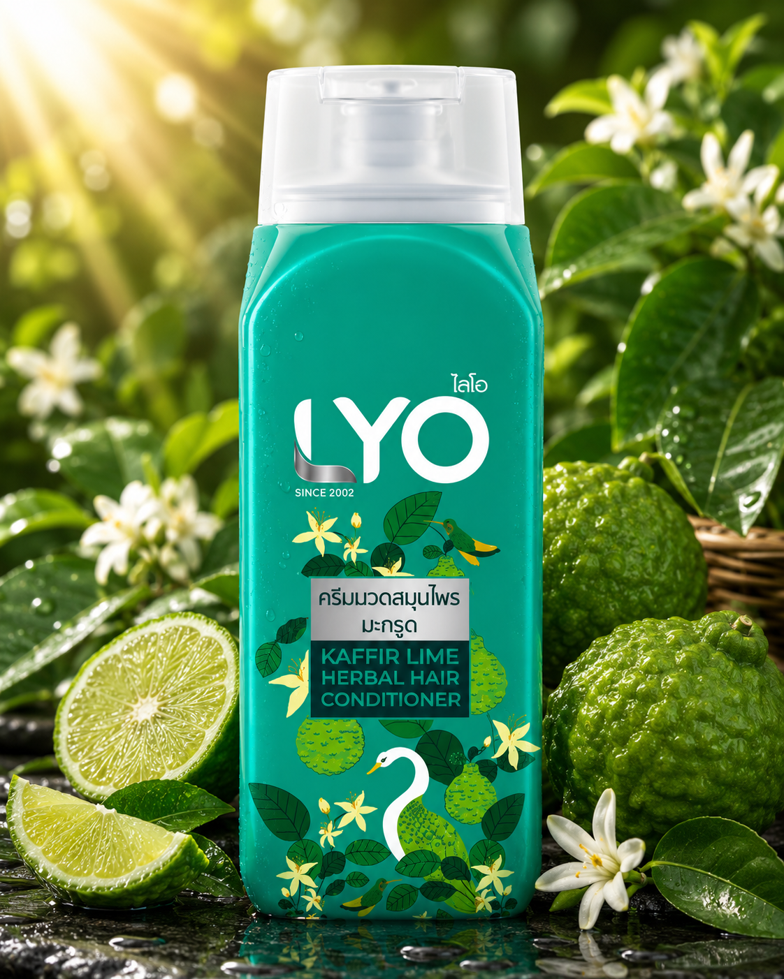LYO herbal hair conditioner bottle with green leaves and flowers in the background