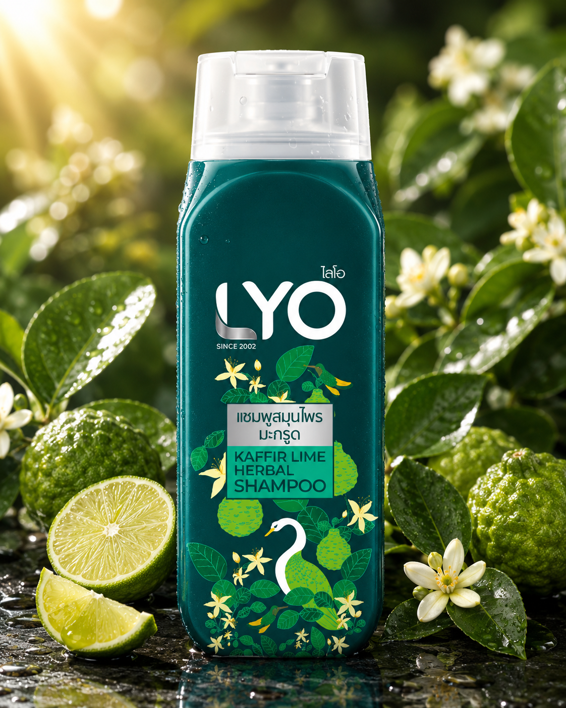 LYO shampoo bottle with kaffir lime and flowers in a natural setting