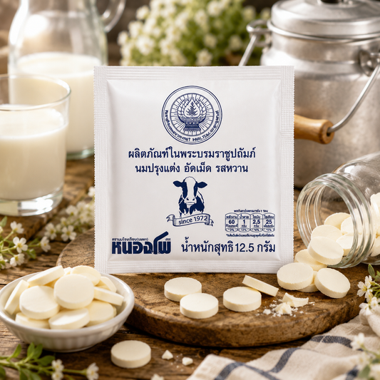 Product packaging with white tablets on a wooden surface with milk and flowers.