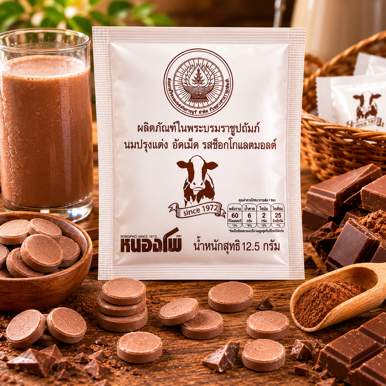 Chocolate product packaging with chocolate pieces and a glass of chocolate drink on a wooden surface.