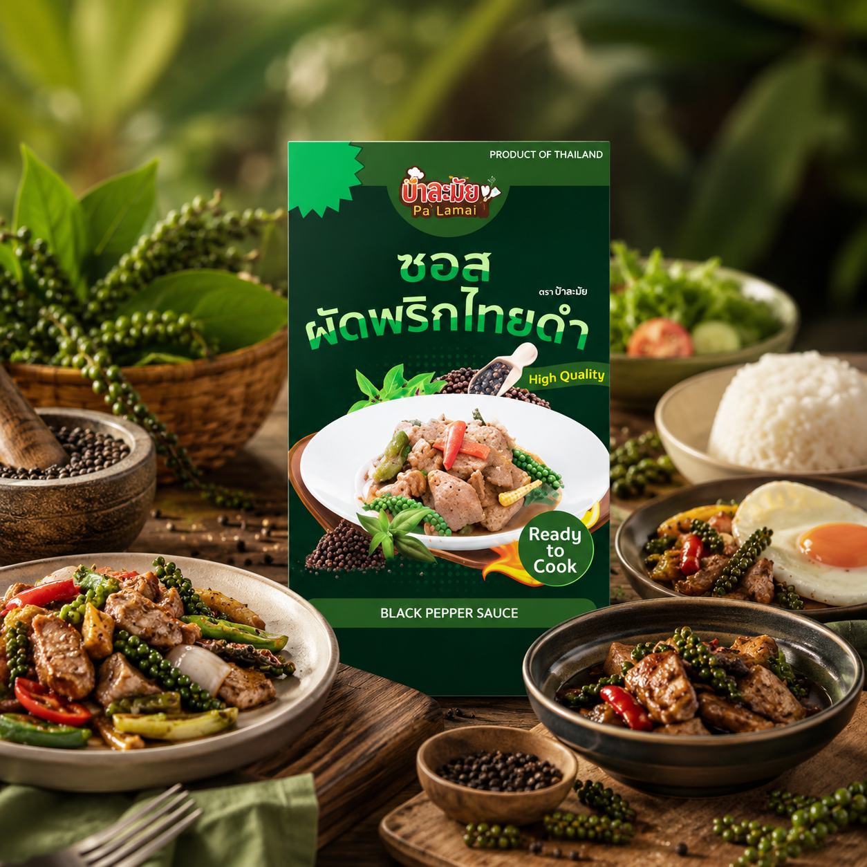Black pepper sauce product packaging with food items on a wooden table