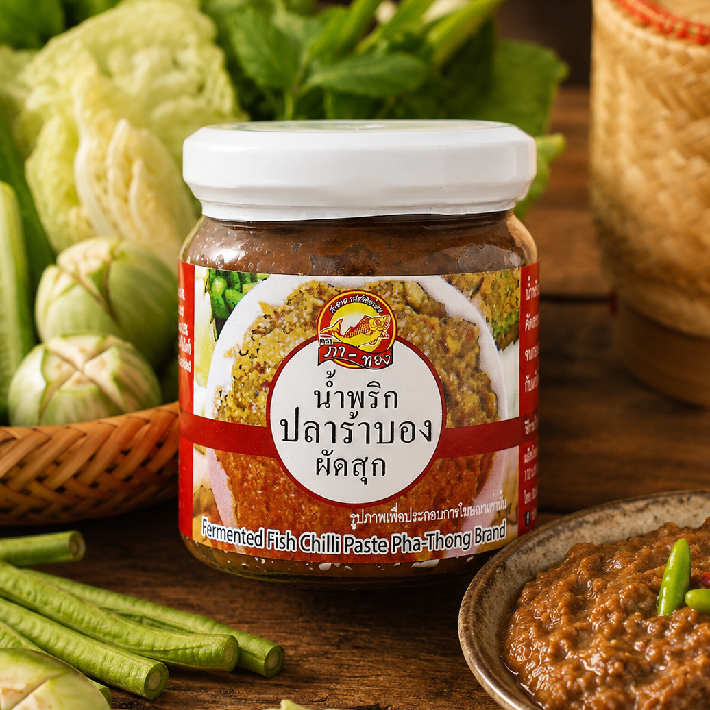 Jar of fermented fish chili paste with ingredients on a wooden surface