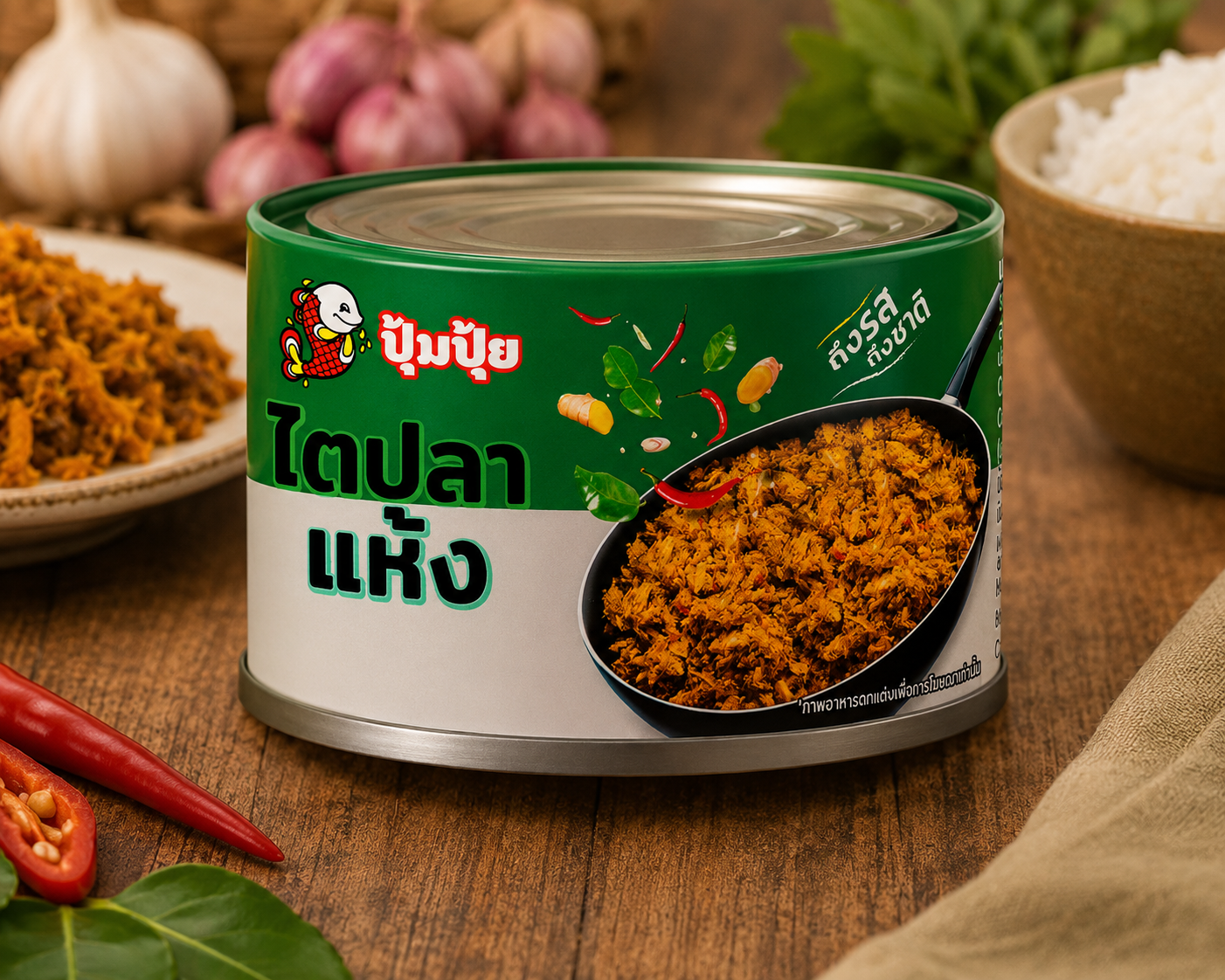 Can of curry powder on a wooden table with ingredients in the background