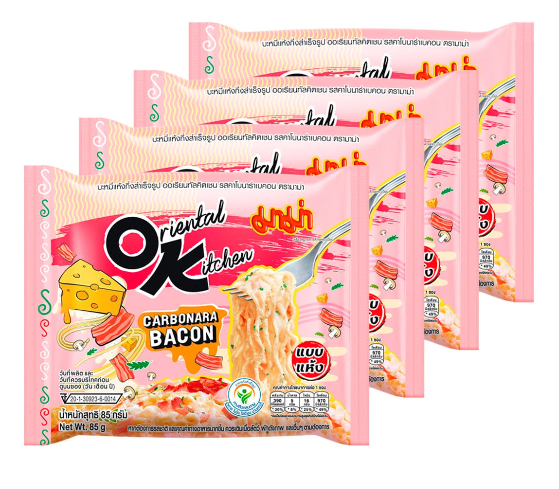 MAMA Oriental Kitchen Carbonara Bacon Instant Noodles 85g x 4 Pack | มาม่า ออเรียนทัลคิตเชน บะหมี่แห้งกึ่งสำเร็จรูป รสคาโบนาร่าเบคอน 85 ก. แพ็ค 4