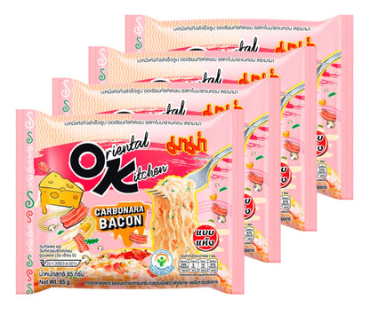 MAMA Oriental Kitchen Carbonara Bacon Instant Noodles 85g x 4 Pack | มาม่า ออเรียนทัลคิตเชน บะหมี่แห้งกึ่งสำเร็จรูป รสคาโบนาร่าเบคอน 85 ก. แพ็ค 4